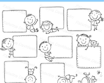 Black and white line art illustration of children holding blank signs. Kids frame clipart. Cute school cartoon set