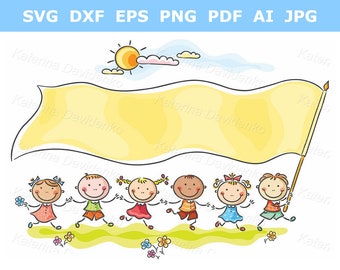 Cartoon children clipart. Happy kids holding a big flag with a copy space. Preschool clipart