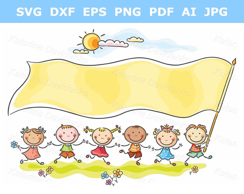 A group of six children, each with a different skin tone and hair color, are holding a yellow banner. The banner is blank and can be used for a message. The children are smiling and happy. There is a sun and clouds in the background.