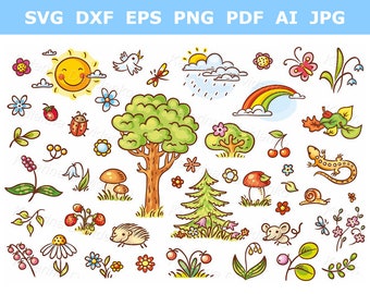 Cartoon nature clip art set with trees, flowers, berries and small forest animals