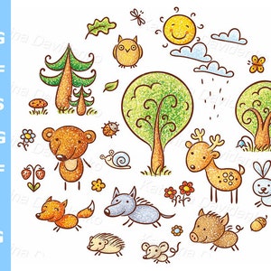 Cartoon forest animals clipart. Plants clipart. Hand drawn vector illustration. Animal clipart set. Digital download