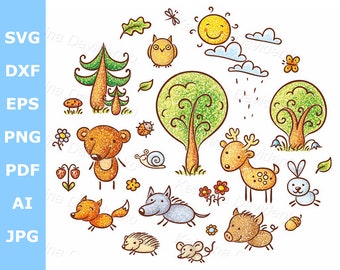 Op de afbeelding: Een kleurrijke illustratie van een bos scène met dieren, bomen en een zon. De dieren omvatten een beer, een hert, een vos, een wolf, een egel, een muis, een konijn en een lieveheersbeestje. De bomen zijn groen en hebben bruine stammen. De zon is geel en heeft een glimlachend gezicht.