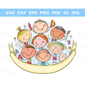 Clipart de niños felices de la escuela. Niños con pancarta y espacio para copiar. Ilustración vectorial de regreso a clases. Clipart de niños de la escuela.