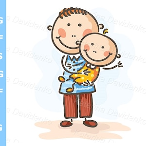 Doodle family clipart. Cartoon father holding his son. Dad with child, digital download. Hand drawn vector illustration