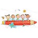 Happy Cartoon Doodle Kids Riding Pencil, Funny Cute Children Sitting on ...