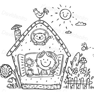 May include: A black and white line drawing of a house with a girl looking out the window, a cat in a window above her, a rooster on the roof, a sun in the sky, and flowers and a fence in the yard.