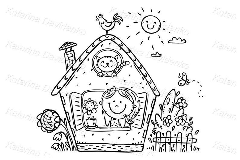 May include: A black and white line drawing of a house with a girl looking out the window, a cat in a window above her, a rooster on the roof, a sun in the sky, and flowers and a fence in the yard.