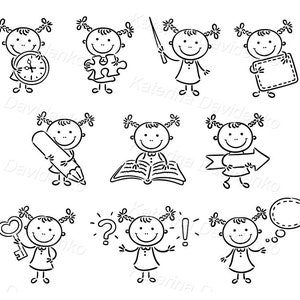 Cartoon kid clipart set. Doodle little girl with different objects and signs clipart set. Child with clock, kid with book image 2