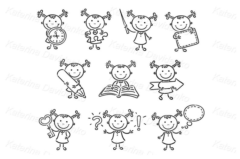 Cartoon kid clipart set. Doodle little girl with different objects and signs clipart set. Child with clock, kid with book image 2