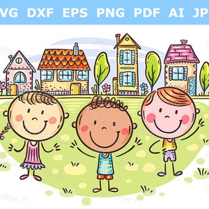 Happy cartoon kids standing on a background of the cityscape. Doodle children standing together in a row. Kids clipart, vector illustration