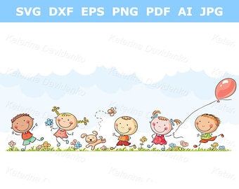 Happy kids playing on the meadow. Children clipart. Doodle cartoon kids running outdoors on a summer day. Digital download