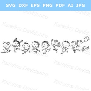 Dibujo animado de niños felices corriendo juntos. Niños lindos en blanco y negro saltando de alegría, conjunto de imágenes prediseñadas de niños aislados