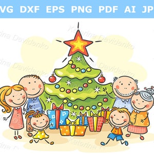 Famille heureuse en dessin animé avec un sapin de Noël et des cadeaux. Noël, bonne année clipart