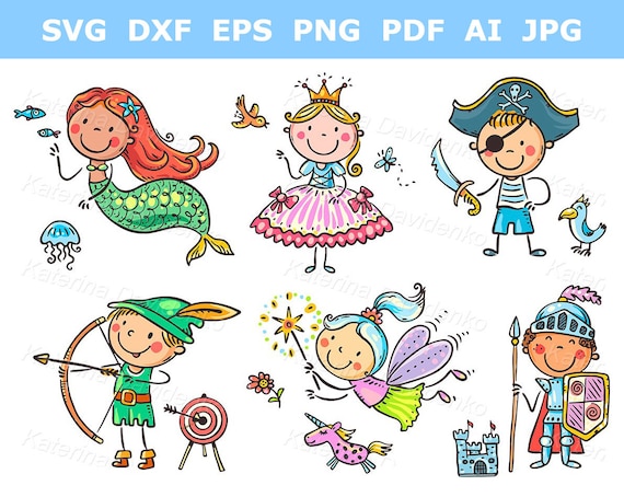 Kids in Costumes of Fairytale Characters Like Fairy Princess, Mermaid,  Robin Hood, Pirate, Knight. Cartoon Clipart Set - Etsy Israel