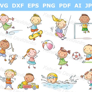 Clipart de niños. Conjunto de dibujos animados de actividades al aire libre, deportes y juegos infantiles. Niños jugando.