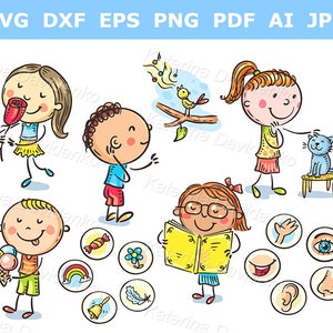 Schule Cliparts. Doodle Kinder, die fünf Sinne veranschaulichen: riechen, hören, sehen, schmecken, berühren. Kinder Clipart