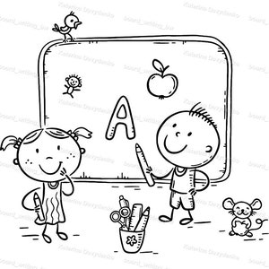 Cartoon little schoolkids writing on board. Chidlren learning letters clipart image 2