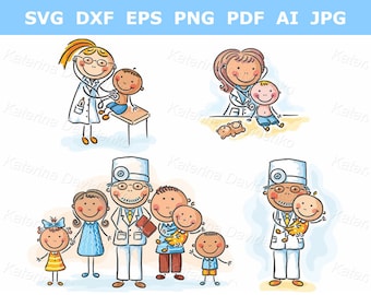 Medico di famiglia con i suoi pazienti bambini. Clipart medico di famiglia. Medico dei cartoni animati con bambini. Clipart bambini. Illustrazione vettoriale