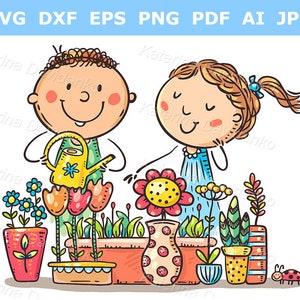Adolescentes de dibujos animados regando plantas. Jóvenes regando flores en macetas. Clipart de doodle para banners de tiendas, uso comercial, descarga instantánea.