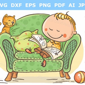 Little child reading a book in an arm-chair with his cat. Cartoon kid clipart, digital download