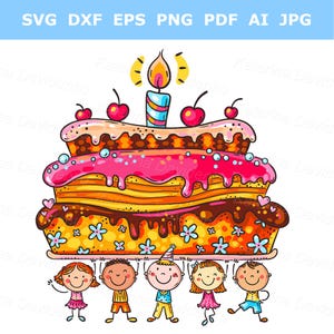 Feliz cumpleaños clipart descarga digital pastel de cumpleaños clipart dibujos animados divertidos niños con pastel fiesta de cumpleaños niños clipart