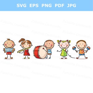 Clipart de niños músicos con garabatos. Niños de dibujos animados con diferentes instrumentos musicales, tocando música y cantando canciones.