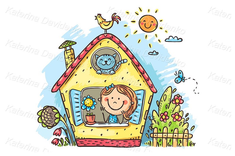 May include: A cartoon illustration of a yellow house with a red roof. A girl with brown hair is looking out of the window. A blue cat is looking out a window on the roof. The sun is shining and there are flowers and a fence in the garden.