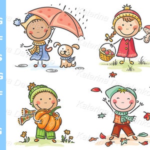 Clipart de otoño. Conjunto de clipart del clima de la estación. Conjunto de clipart de actividades al aire libre de otoño para niños de dibujos animados.