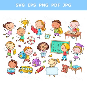 Conjunto de imágenes prediseñadas con niños adorables. Escolares con libros. Niños de dibujos animados con útiles escolares. Gráficos para el aula, el aprendizaje y la educación.