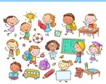 Clipart-Set mit süßen Kindern. Schulkinder mit Büchern. Kartoonkinder mit Schulmaterial. Grafiken für Unterricht, Lernen und Unterrichten von Kindern