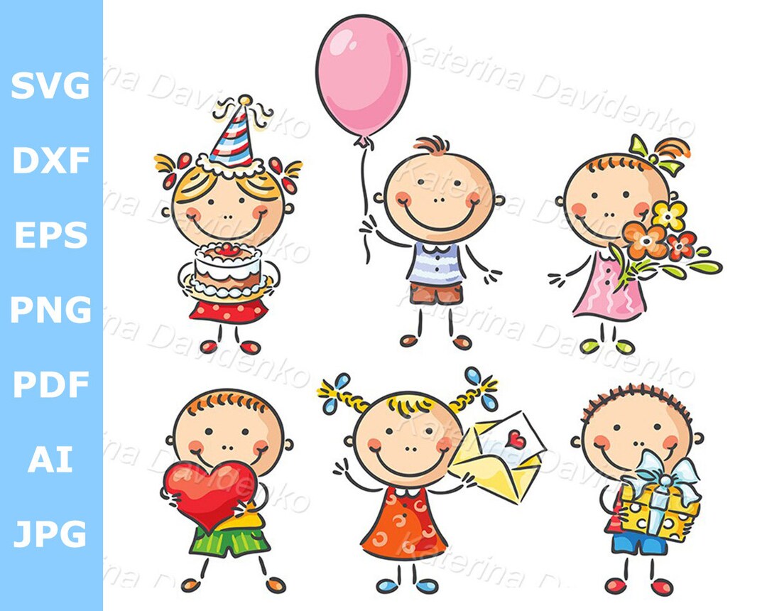 Happy Cartoon Kids Birthday Clipart, Little Children With Birthday