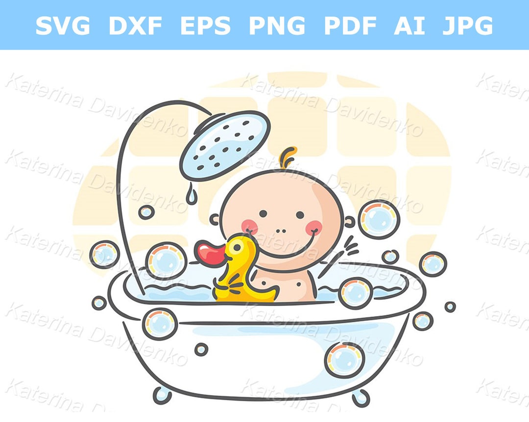 Cartoon Doodle Baby in the Bath Tub. Child Clipart Illustration for