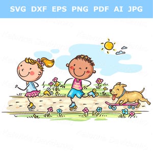Imágenes prediseñadas de niños dibujadas a mano. Niños patinando en el parque. Dibujos animados de niños jugando juntos, actividad al aire libre de verano