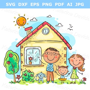 Padres felices de dibujos animados con su hija y su cachorro cerca de la casa en el jardín. Familia con su hija, de pie al aire libre, en fila, tomados de la mano.