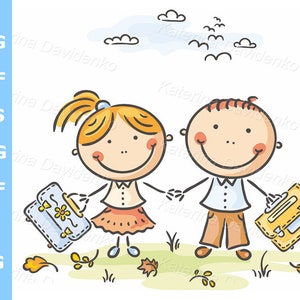 Niños de la escuela de dibujos animados caminando en un día de verano. Clipart de niños felices, lindos niños tomados de la mano, niño y niña juntos.
