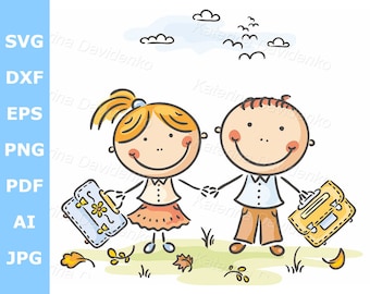 Cartoon school kids walking on a summer day. Happy kids clipart, cute children holding hands, boy and girl together clipart