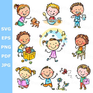 Clipart de actividades diarias para niños: divertido conjunto de ilustraciones de dibujos animados, ideal para rutinas, gráficos y planificadores. Descarga digital para uso comercial.