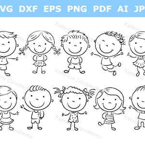 Doodle glücklich Kinder Clipart-Set Digitaler Download Umriss Vektor-Illustration Schwarzweiße Kinder Strichmännchen Kinder in einer Reihe stehen
