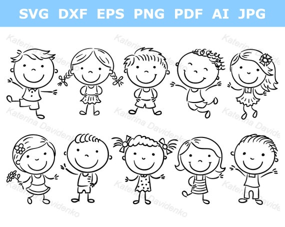 Doodle happy kids clipart set Digital download Outline vector illustration Black and White children Stick figure Kids standing in a row