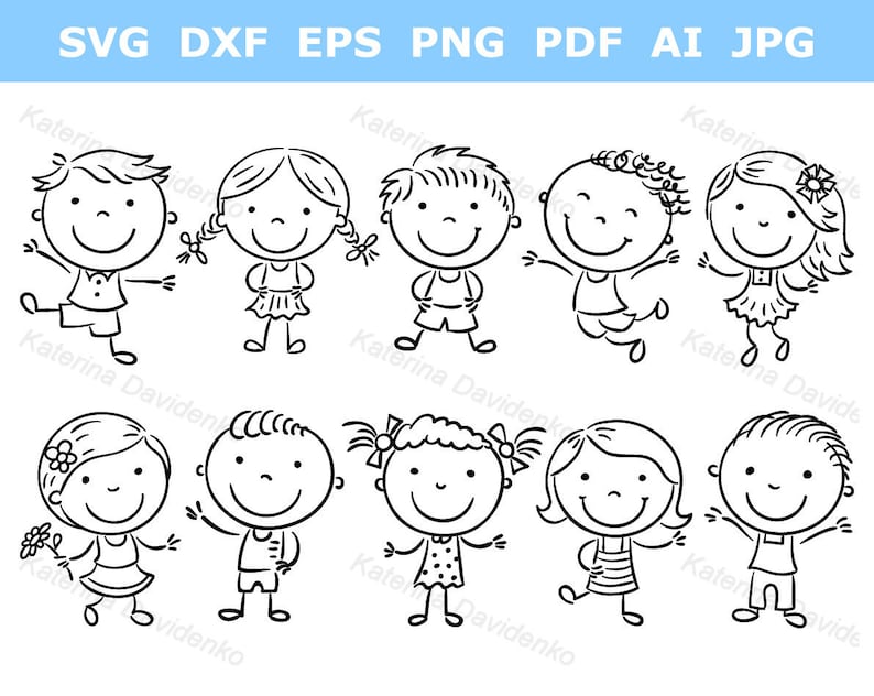May include: A set of ten black and white line drawings of children. The children are all smiling and have different hairstyles and clothing.