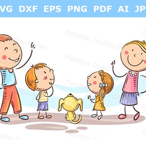 Happy cartoon family clipart. Family banner. Parents with children looking up. Doodle family clip art
