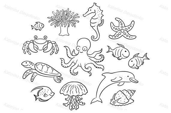 Conjunto de dibujos animados animales marinos clipart - Etsy México Conjunto de dibujos animados animales marinos clipart - Etsy México