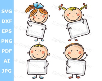 Cartoon doodle kids with blank signs. Children holding banner, boy and girl with copy space, kids sign frame, boy and girl standing