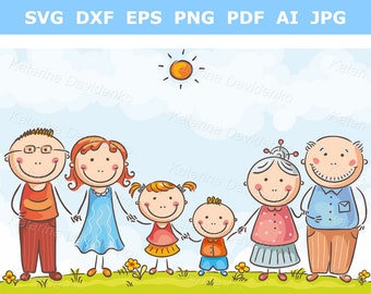 Cartoon family clipart. Happy family with two children and grandparents clipart illustration for download