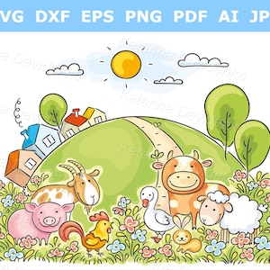 Animales de granja de dibujos animados en la colina verde, ilustración prediseñada vectorial, clipart de paisaje rural, paisaje de verano