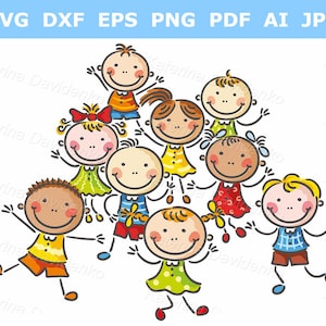 Grupo de niños felices bailando o saltando de alegría. Clipart de niños de dibujos animados, muchos niños pequeños bailando juntos, descarga digital