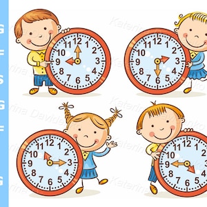 May include: Four cartoon children are holding large clocks with red frames and blue faces. The clocks show different times. The children are smiling and wearing different coloured clothing.