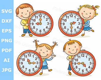 Cartoon little kids telling time set. Children and clock clipart. School education clipart