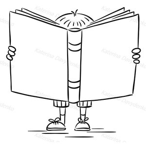 May include: A black and white line drawing of a person holding a book open in front of their face. The person is standing with their legs spread apart and their feet flat on the ground. The book is open to a blank page.