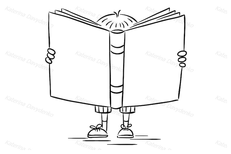 May include: A black and white line drawing of a person holding a book open in front of their face. The person is standing with their legs spread apart and their feet flat on the ground. The book is open to a blank page.
